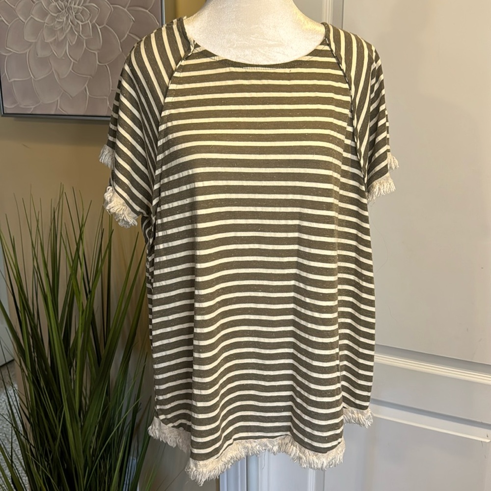 Umgee Green & Cream Stripe Blouse with Fringe Detail – Size Large